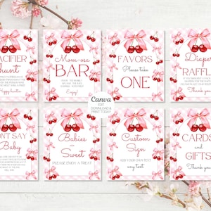 Lot d'enseignes modifiables Cerise sur le dessus pour baby shower, décorations de baby shower avec noeuds roses et baies roses, enseignes de table cerisier 8 x 10. Toile
