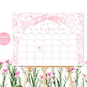 Calendario editable de Toile de Jouy con lazo rosa para baby shower, calendario con fecha de llegada, calendario con fecha de parto, decoración, Canva