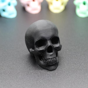 Puede incluir: Un grupo de seis pequeñas figuritas de calavera, cinco son de color pastel azul, rosa, verde, blanco y amarillo. Una calavera es negra.