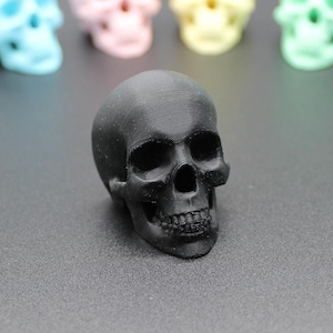 Könnte beinhalten: Eine Gruppe bunter Schädelfiguren, darunter hellblau, rosa, gelb und grün, mit einer schwarzen Schädelfigur in der Mitte.