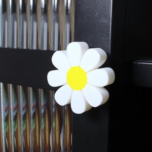 Könnte beinhalten: Ein schwarzer Schrank mit einer Glastür und einem weißen Knopf in Form einer Gänseblümchen. Der Schrank hat mehrere Regale.