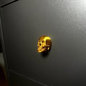 May include: A gold-coloured skull-shaped cabinet knob fixed to a dark grey cabinet door. The skull features detailed eye sockets, a nasal cavity, and teeth. This decorative knob is a unique hardware element for furniture.