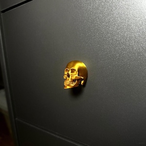Può includere: Una maniglia per cassetto a forma di teschio di colore dorato.