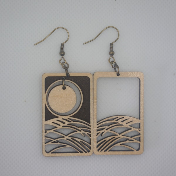 Hanafuda Full Moon and Susuki Grass Maple Wood Dangle Earrings on Antiqued Bronze