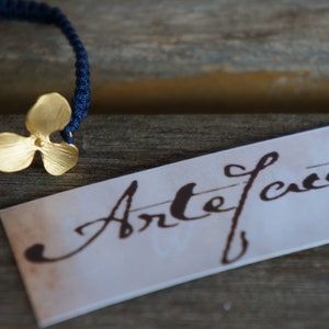 Orchid Macrame Bracelet, Handmade by Artefacet, Brushed Gold Single Orchid Charm Bracelet