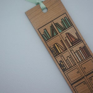 Bookshelf Cherry Wood Bookmark with Ribbon