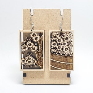 Hanafuda Cherry Blossom March Birch Wood Dangle Earrings on Antiqued Bronze