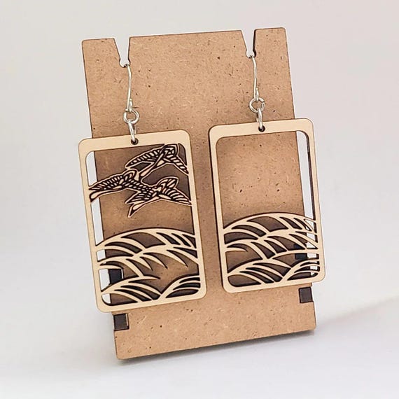Hanafuda Geese August Wood Earrings On Antiqued Bronze