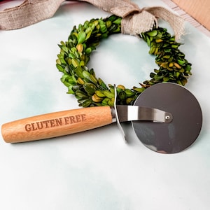 Gluten Free Pizza Cutter: Stainless Steel Wheel, Etched Wood Handle
