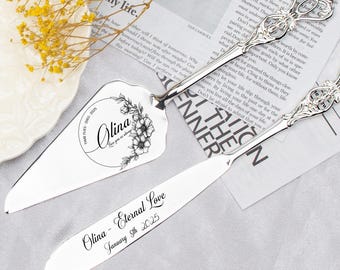 Juego de cortadores de pastel de boda personalizados, juego de cortadores de pastel grabados, juego de pastel de boda, cubiertos de postre para ceremonia de boda, regalo de aniversario