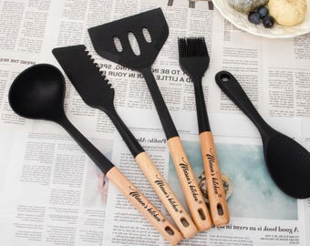 Custom Engraved Wood Silicone Kitchen Utensil Set,12PCS Wood Cooking Utensil Set,Wooden Utensil Set,Wooden Spoon,Personalized Cooking Gifts