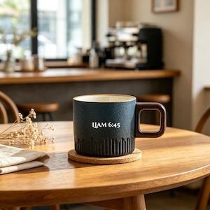 May include: A dark blue ceramic mug with a textured, ribbed base and a square-shaped dark brown handle. The mug features the white text "LIAM 6:45" printed on the front. It sits on a round, light brown cork coaster on a wooden surface.