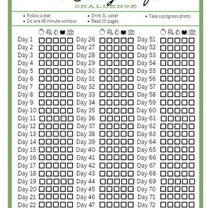 May include: A printable 75-day soft challenge checklist with a green border. The checklist includes daily tasks such as following a diet, doing a 45-minute workout, drinking 3 liters of water, reading 10 pages, and taking a progress photo.