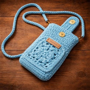 May include: A light blue crochet crossbody phone bag with a floral design on the front. The bag has a long strap, a flap with two gold buttons, and a small brown leather tag that reads "handmade".