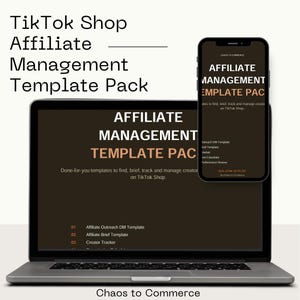 May include: A laptop and smartphone showcase a template pack for TikTok Shop affiliate management. The laptop screen displays "Affiliate Management Template Pack" with template details. The smartphone mirrors the laptop's content, providing a mobile view of the pack.