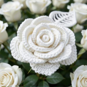 Puede incluir: Primer plano de una gran rosa blanca de ganchillo hecha a mano. La rosa es el punto focal, rodeada de otras rosas blancas y hojas verdes. La flor de ganchillo tiene pétalos detallados y un aspecto texturizado.