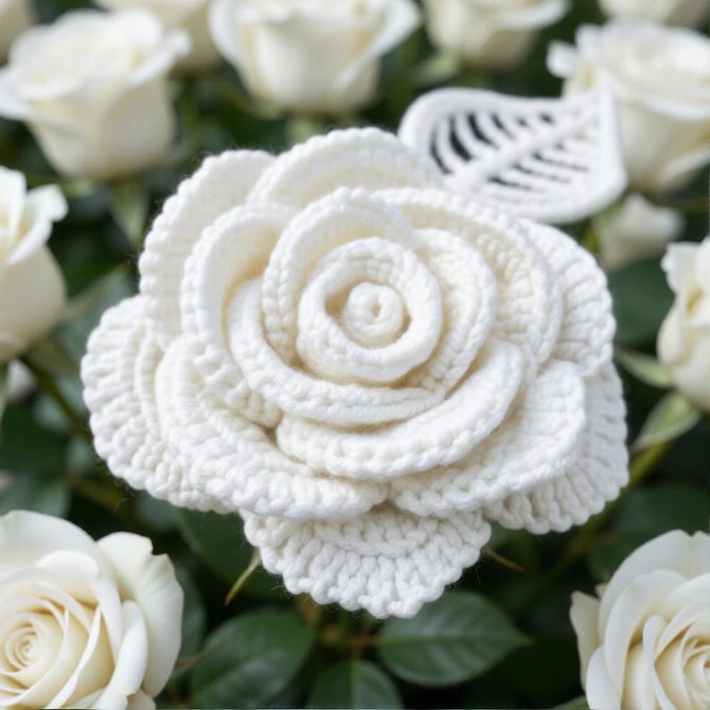May include: A close-up of a large, handmade, white crochet rose. The rose is the focal point, surrounded by other white roses and green leaves. The crochet flower has detailed petals and a textured appearance.