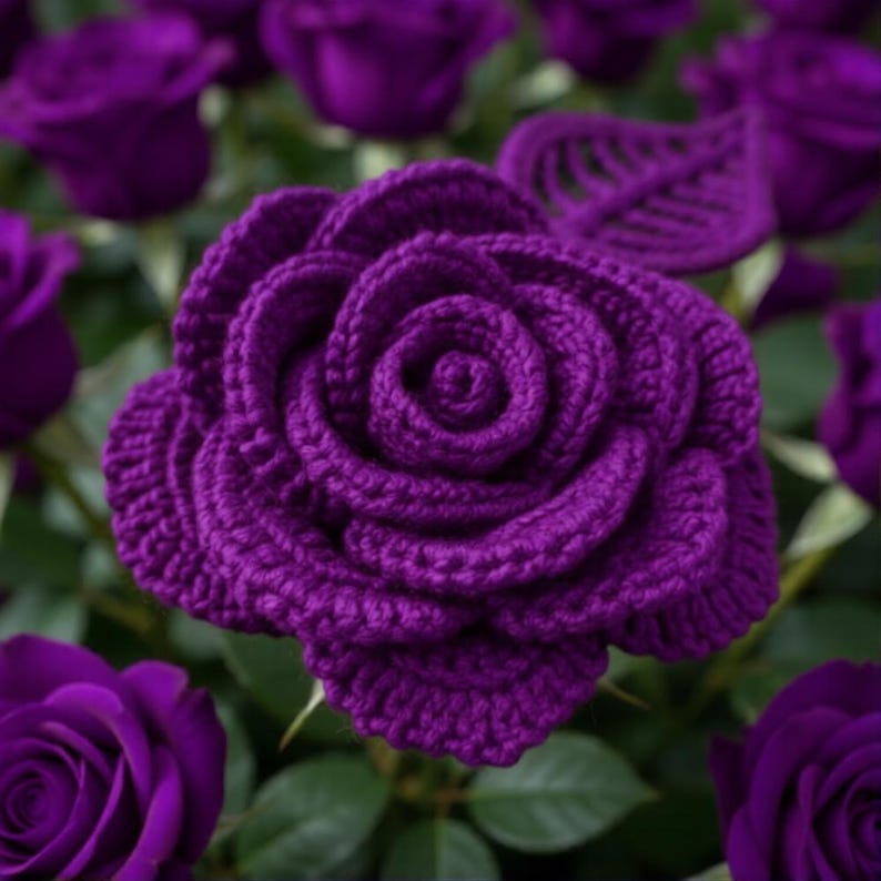 May include: A close-up of a handmade, crocheted purple rose. The flower is in full bloom, with detailed petals and a textured appearance. Other purple roses are visible in the background, creating a floral arrangement.