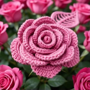 May include: A close-up of a handmade, pink crochet rose with detailed petal work. The crochet flower is surrounded by a background of pink roses and green leaves, creating a garden-like setting.