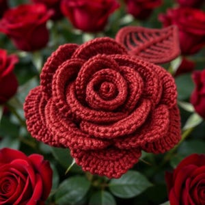 May include: A close-up of a handmade, crocheted red rose with detailed petal construction. The rose is surrounded by a blurred background of real red roses and green leaves, creating a contrast between the crafted and natural elements.