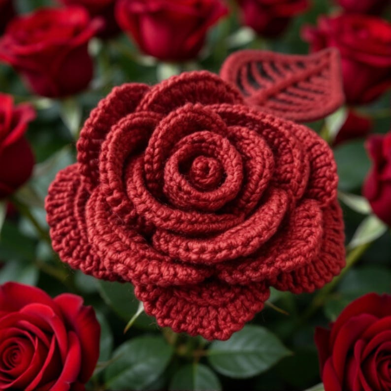 May include: A close-up of a handmade, crocheted red rose with detailed petal construction. The rose is surrounded by a blurred background of real red roses and green leaves, creating a contrast between the crafted and natural elements.