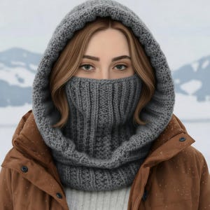 May include: A gray knitted hood and neck warmer, providing full face and neck coverage. The hood is made of a thick, ribbed knit fabric. The person is wearing a brown jacket. The background shows a snowy landscape.