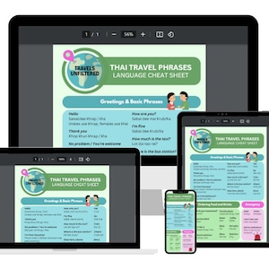 May include: A digital cheat sheet with the title "Thai Travel Phrases Language Cheat Sheet" displayed on a laptop, tablet, and smartphone. The cheat sheet features a green globe with the text "Travels Unfiltered" and includes basic Thai phrases for greetings, ordering food and drinks, and emergencies.