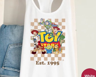 Checkered Toy Story Est 1995 Tank, Retro Disney Toy Story Racerback, Vintage Toy Story Characters, Jessie And Buzz Top, Disneyland Trip Tank