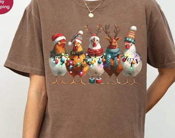 Comfort Colors Crazy Chicken Christmas T-Shirt, Chicken Christmas Lights Shirt, Chicken Lover Gift, Funny Chicken Shirt, Farm Animal T-Shirt