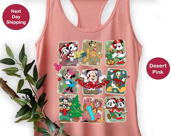 Camiseta sin mangas navideña con estampado Polaroid de Mickey y sus amigos, camiseta sin mangas navideña retro de Disney, camiseta sin mangas con fiesta navideña muy feliz de Mickey, camiseta con regalos navideños