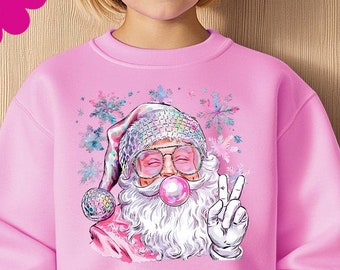 Pink Santa Sweatshirts, Blowing Bubble Christmas Hoodie, Santa Christmas Youth Hoodie, Funny Christmas Youth Sweatshirt, Xmas Pink Christmas