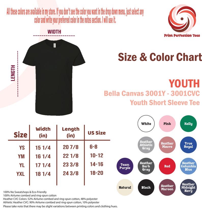 K&ouml;nnte beinhalten: Gr&ouml;&szlig;entabelle f&uuml;r ein T-Shirt mit kurzen &Auml;rmeln f&uuml;r Kinder von Bella Canvas 3001Y - 3001CVC. Die Tabelle zeigt die Gr&ouml;&szlig;en von YS bis YXL mit den entsprechenden Breiten- und L&auml;ngenma&szlig;en in Zoll. Die Tabelle enth&auml;lt auch eine Farbtabelle mit verschiedenen Farben, darunter Wei&szlig;, Rosa, Kelly, Heather Athletic Grey, Heather Mauve, True Royal, Team Purple, Heather Dark Grey, Rot, Heather Columbia Blue, Natur, Schwarz, Heather Maroon und Heather Midnight Navy.