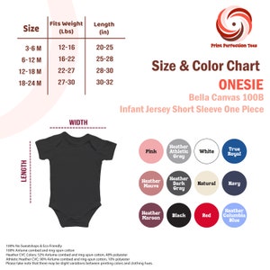 Puede incluir: Tabla de tallas para un body de manga corta de jersey para beb&eacute; Bella Canvas 100B. La tabla muestra tallas de 3 a 6 meses a 18 a 24 meses, con las medidas de peso y longitud correspondientes en pulgadas. La tabla tambi&eacute;n muestra una variedad de opciones de color, que incluyen rosa, gris deportivo jaspeado, blanco, azul real, malva jaspeado, gris oscuro jaspeado, natural, azul marino, granate jaspeado, negro, rojo y azul Columbia jaspeado.