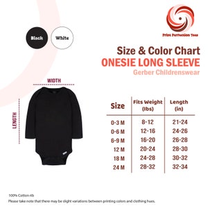 Puede incluir: Tabla de tallas para bodies de manga larga Gerber. La tabla muestra las tallas de 0 a 3 meses a 24 meses, con las medidas de peso y longitud correspondientes en libras y pulgadas.