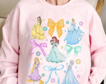 Watercolor Coquette Bows Disney Princess Sweatshirt, Disneyland Princess Girl Trip Tee, Princess Birthday Girl Hoodie, Cinderella Belle Elsa