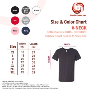 Puede incluir: Tabla de tallas para una camiseta de manga corta con cuello en V Bella Canvas 3005. La tabla muestra el ancho y la longitud en pulgadas para las tallas XS a 3XL. La tabla tambi&eacute;n muestra las diferentes opciones de color para la camiseta, incluyendo negro, blanco, rojo, rosa, azul marino, gris oscuro jaspeado y gris deportivo jaspeado.