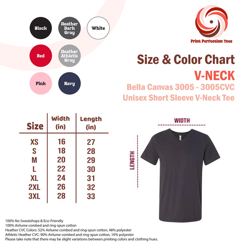 Puede incluir: Tabla de tallas para una camiseta de manga corta con cuello en V Bella Canvas 3005. La tabla muestra el ancho y la longitud en pulgadas para las tallas XS a 3XL. La tabla tambi&eacute;n muestra las diferentes opciones de color para la camiseta, incluyendo negro, blanco, rojo, rosa, azul marino, gris oscuro jaspeado y gris deportivo jaspeado.