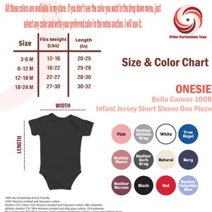 K&ouml;nnte beinhalten: Gr&ouml;&szlig;en- und Farbtabelle f&uuml;r einen Bella Canvas 100B Strampler, Baby-Jersey, Kurzarm, einteilig. Die Tabelle zeigt Gr&ouml;&szlig;en von 3-6 Monaten bis 18-24 Monaten mit entsprechenden Gewichts- und L&auml;ngenma&szlig;en in Zoll und Pfund. Die Tabelle zeigt auch eine Vielzahl von Farben, darunter Pink, Wei&szlig;, True Royal, Heather Athletic Grey, Heather Mauve, Heather Dark Grey, Natur, Marine, Heather Maroon, Schwarz, Rot und Heather Columbia Blue.