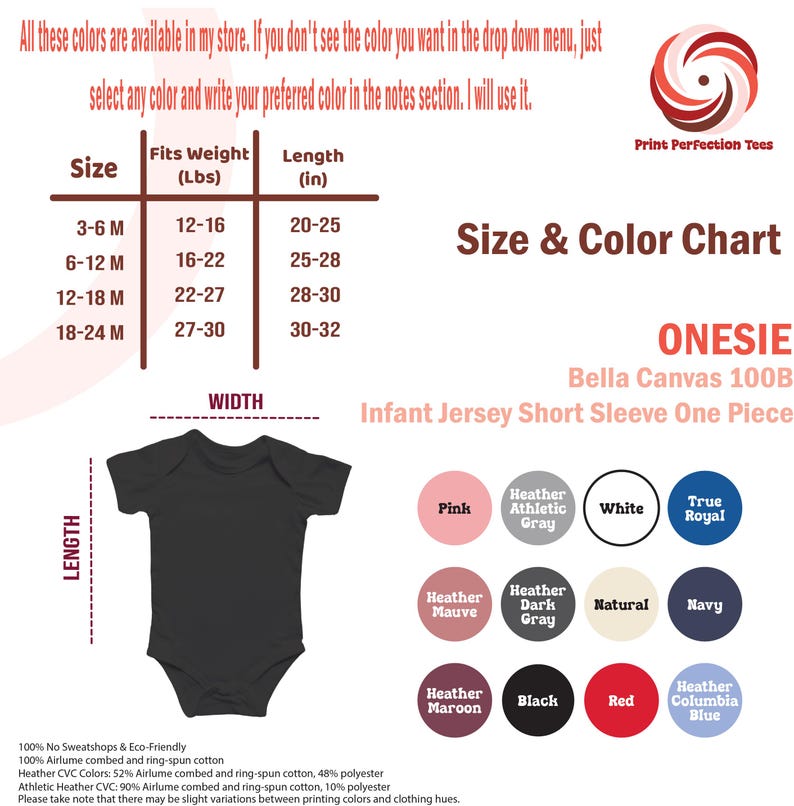 K&ouml;nnte beinhalten: Gr&ouml;&szlig;en- und Farbtabelle f&uuml;r einen Bella Canvas 100B Strampler, Baby-Jersey, Kurzarm, einteilig. Die Tabelle zeigt Gr&ouml;&szlig;en von 3-6 Monaten bis 18-24 Monaten mit entsprechenden Gewichts- und L&auml;ngenma&szlig;en in Zoll und Pfund. Die Tabelle zeigt auch eine Vielzahl von Farben, darunter Pink, Wei&szlig;, True Royal, Heather Athletic Grey, Heather Mauve, Heather Dark Grey, Natur, Marine, Heather Maroon, Schwarz, Rot und Heather Columbia Blue.