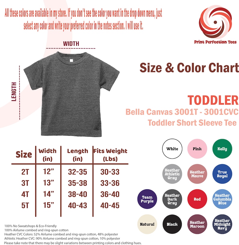 K&ouml;nnte beinhalten: Gr&ouml;&szlig;entabelle f&uuml;r kurz&auml;rmelige T-Shirts f&uuml;r Kleinkinder von Bella Canvas. Die Tabelle zeigt die Gr&ouml;&szlig;en 2T, 3T, 4T und 5T mit den entsprechenden Ma&szlig;en f&uuml;r Breite, L&auml;nge und Gewicht in Zoll und Pfund. Die Tabelle enth&auml;lt auch eine Farbpalette mit Optionen wie Wei&szlig;, Rosa, Kellygr&uuml;n, Heather Athletic Grey, Heather Mauve, True Royal, Team Purple, Heather Dark Grey, Rot, Heather Columbia Blue, Natur, Schwarz, Heather Maroon und Heather Midnight Navy.