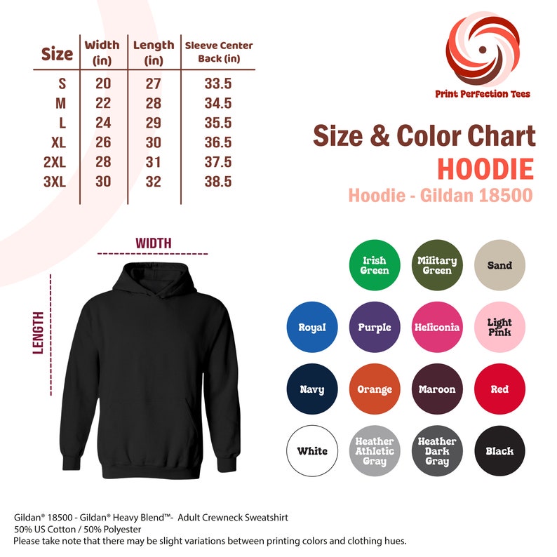 Puede incluir: Tabla de tallas para una sudadera con capucha Gildan 18500 negra con medidas en pulgadas. La tabla muestra las medidas de ancho, largo y centro de la manga trasera para las tallas S a 3XL. Una tabla de colores muestra 15 opciones de colores diferentes para la sudadera con capucha.