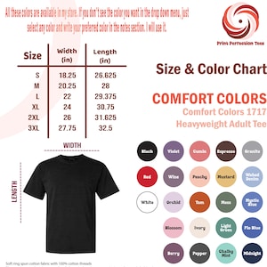 K&ouml;nnte beinhalten: Gr&ouml;&szlig;entabelle f&uuml;r ein schweres T-Shirt f&uuml;r Erwachsene mit einem schwarzen T-Shirt-Mockup. Die Tabelle zeigt die Gr&ouml;&szlig;en von S bis 3XL mit den entsprechenden Breiten- und L&auml;ngenma&szlig;en in Zoll. Die Tabelle enth&auml;lt auch eine Farbtabelle mit 20 verschiedenen Farboptionen.