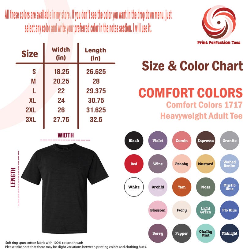 K&ouml;nnte beinhalten: Gr&ouml;&szlig;entabelle f&uuml;r ein schweres T-Shirt f&uuml;r Erwachsene mit einem schwarzen T-Shirt-Mockup. Die Tabelle zeigt die Gr&ouml;&szlig;en von S bis 3XL mit den entsprechenden Breiten- und L&auml;ngenma&szlig;en in Zoll. Die Tabelle enth&auml;lt auch eine Farbtabelle mit 20 verschiedenen Farboptionen.