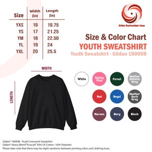 Puede incluir: Tabla de tallas para sudaderas para j&oacute;venes, que muestra diferentes tallas y colores. La tabla incluye una sudadera negra con el texto "Youth Sweatshirt - Gildan 18000B".