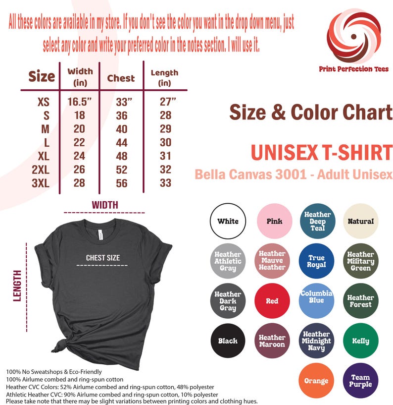 K&ouml;nnte beinhalten: Unisex-T-Shirt Gr&ouml;&szlig;entabelle mit Ma&szlig;en in Zoll. Die Tabelle zeigt die Breite, L&auml;nge und Brustweite f&uuml;r die Gr&ouml;&szlig;en XS bis 3XL. Eine Farbtabelle zeigt 18 verschiedene Farben f&uuml;r das T-Shirt, darunter Wei&szlig;, Rosa, Heather Athletic Grey, Heather Mauve Heather, True Royal, Heather Military Green, Heather Dark Grey, Rot, Columbia Blue, Heather Forest, Schwarz, Heather Maroon, Heather Midnight Navy, Kelly, Orange und Team Purple.