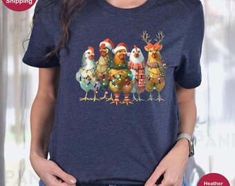 Crazy Chicken Christmas T-Shirt, Chicken Christmas Lights Shirt, Chicken Lover Gifts, Funny Chicken Shirt, Farmer Gifts, Farm Animal T-Shirt