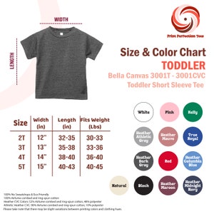 Puede incluir: Tabla de tallas para camisetas de manga corta para ni&ntilde;os peque&ntilde;os Bella Canvas 3001T y 3001CVC. La tabla muestra las tallas 2T a 5T con las medidas de ancho, largo y peso correspondientes en pulgadas y libras. La tabla tambi&eacute;n incluye una paleta de colores con opciones como blanco, rosa, verde kelly, gris deportivo jaspeado, malva jaspeado, azul real verdadero, gris oscuro jaspeado, rojo, azul columbia jaspeado, natural, negro, marr&oacute;n jaspeado y azul marino jaspeado.