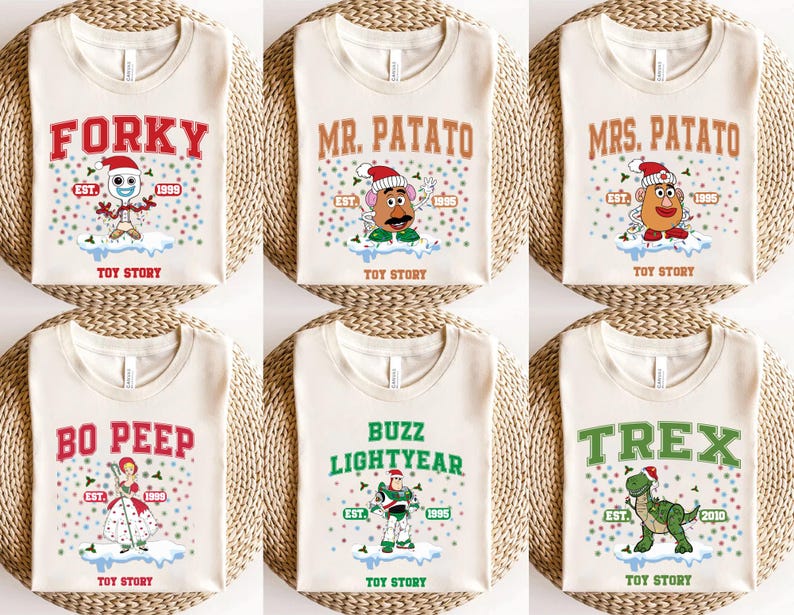 May include: Six white t-shirts with different Toy Story characters and text. The shirts feature Forky, Mr. Potato Head, Mrs. Potato Head, Bo Peep, Buzz Lightyear, and Rex. Each shirt has the text "Toy Story" and the character's name.