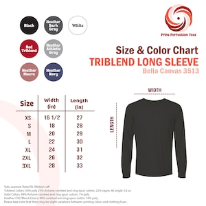 Puede incluir: Tabla de tallas para una camiseta de manga larga de triblend, que muestra las medidas de ancho y largo en pulgadas para las tallas XS a 3XL. La tabla tambi&eacute;n incluye una tabla de colores con opciones para negro, blanco, triblend rojo, gris oscuro jaspeado, gris deportivo jaspeado, malva jaspeado y azul marino jaspeado.