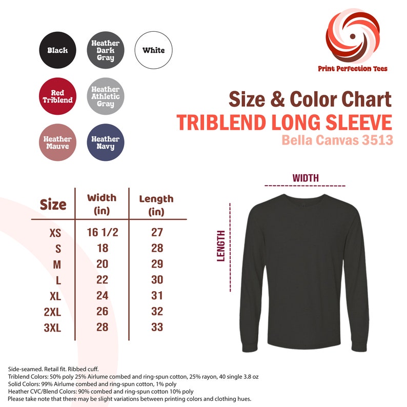 Puede incluir: Tabla de tallas para una camiseta de manga larga de triblend, que muestra las medidas de ancho y largo en pulgadas para las tallas XS a 3XL. La tabla tambi&eacute;n incluye una tabla de colores con opciones para negro, blanco, triblend rojo, gris oscuro jaspeado, gris deportivo jaspeado, malva jaspeado y azul marino jaspeado.